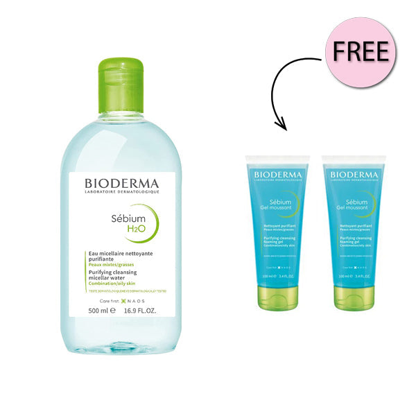 Bioderma Sebium H2o Purifying Cleansing Micellar Water 500ml + Free Two Sebium Gel Moussant 8ml